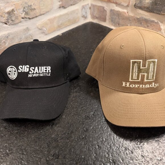 (2) NEW Ball Caps - BLACK SIG SAUER & BROWN HORANDY - Hook Loop Strap - Picture 1 of 13